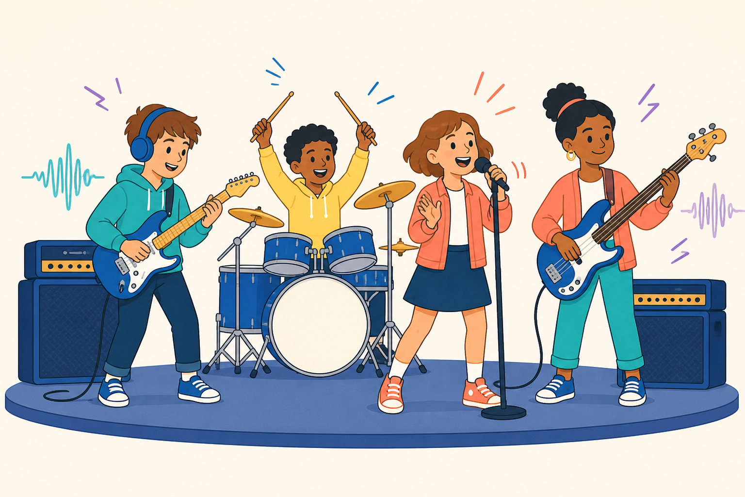 An illustrated four-piece student band performing together on stage