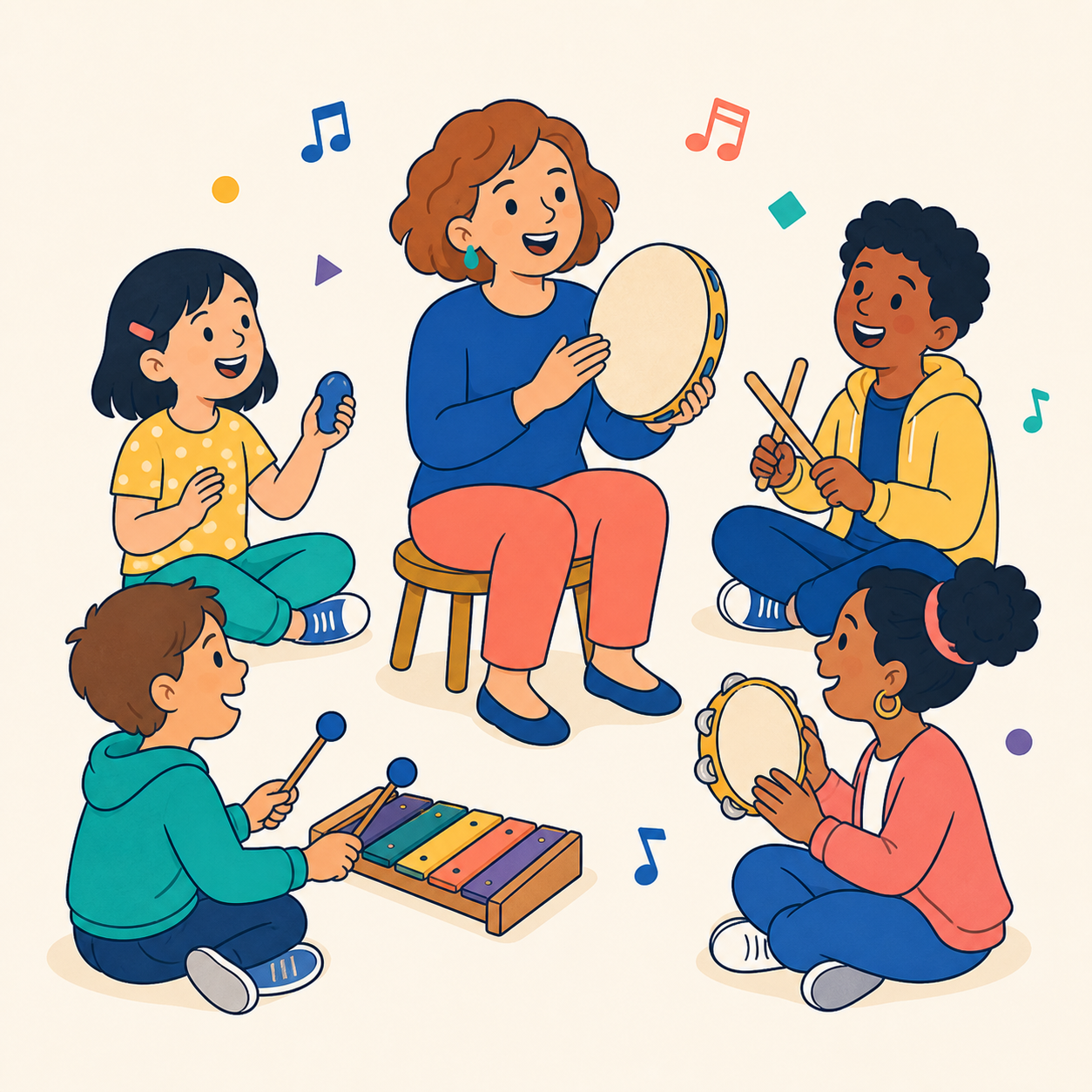 An illustrated teacher leading four children in a playful percussion circle