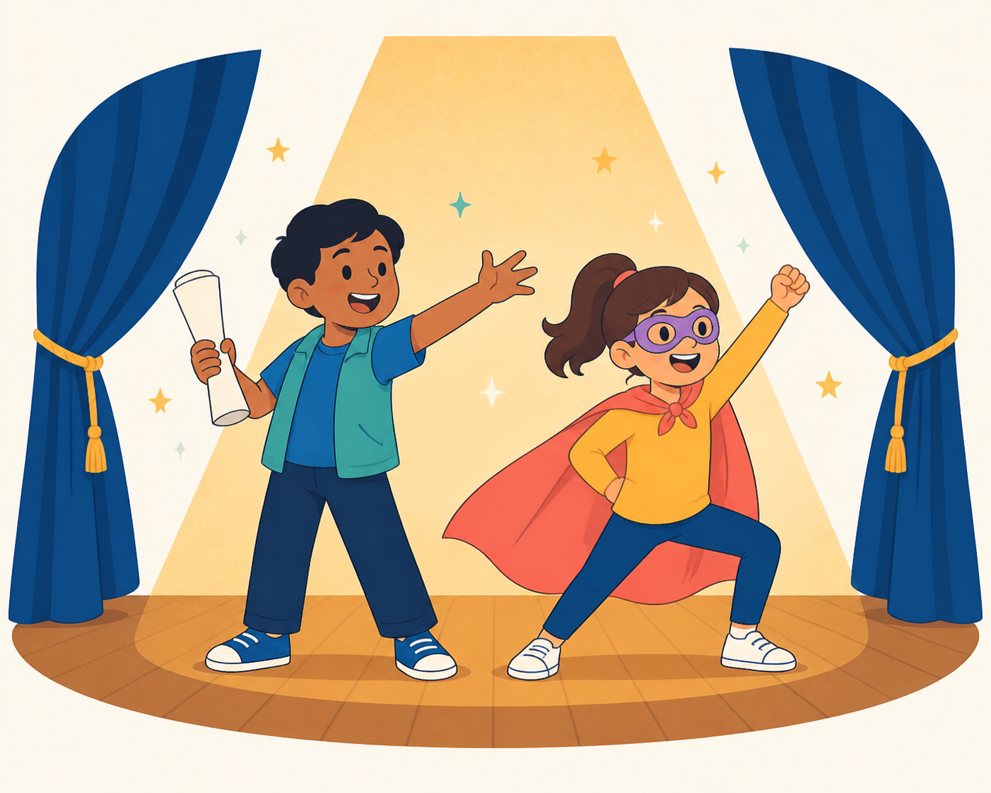 Two illustrated students performing confidently under a theatre spotlight