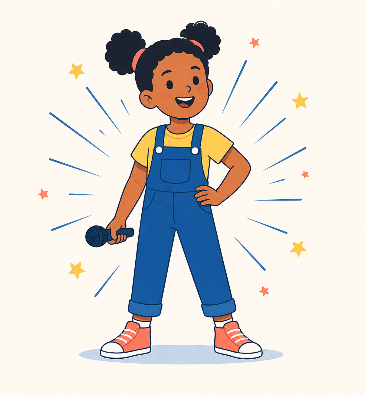 An illustrated student standing confidently with a microphone